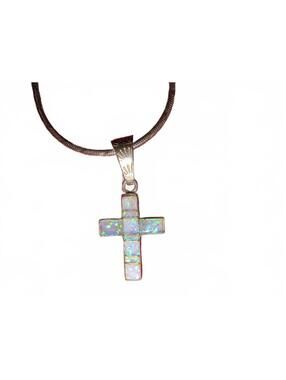 Sterling Silver Cross Pendant Necklace with Opal Inlay